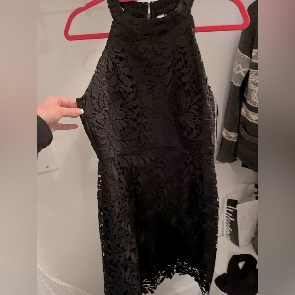 Black lace fitted halter dress